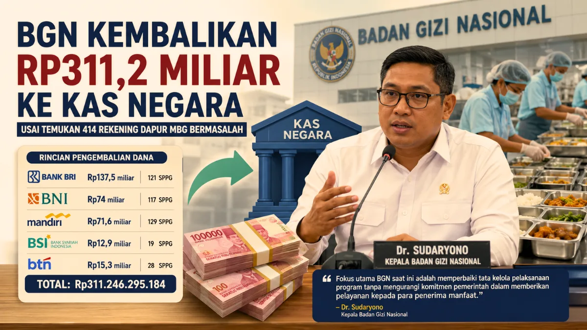 BGN Kembalikan Rp311,2 Miliar ke Kas Negara Usai Temukan 414 Rekening Dapur MBG Bermasalah